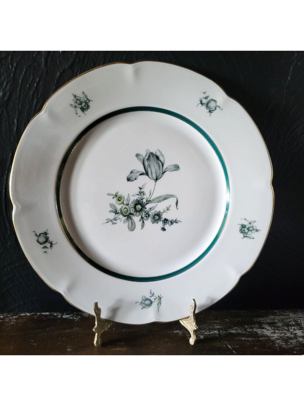 Vintage Royal Bayreuth Teal Tulip Dinner Plate 10.875" Floral Design Gold Trim